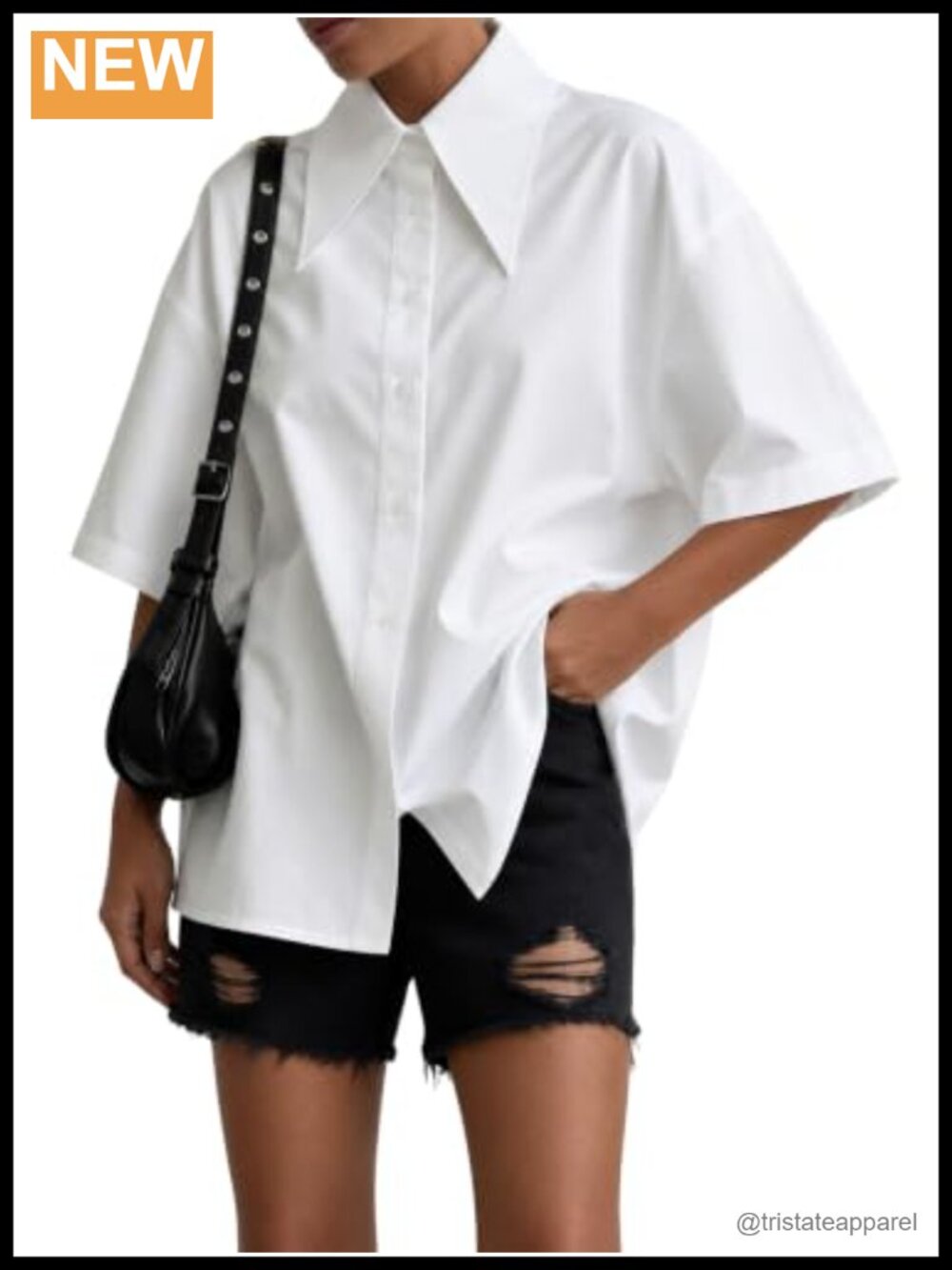Oversize Collar Button Down Short Sleeve Blouse Top